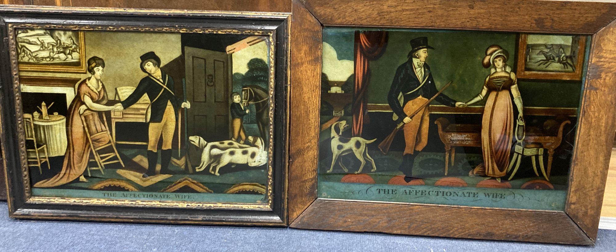 Two early 19th century coloured reverse glass prints, each titled The Affectionate Wife, 25 x 35cm and 25 x 36cm